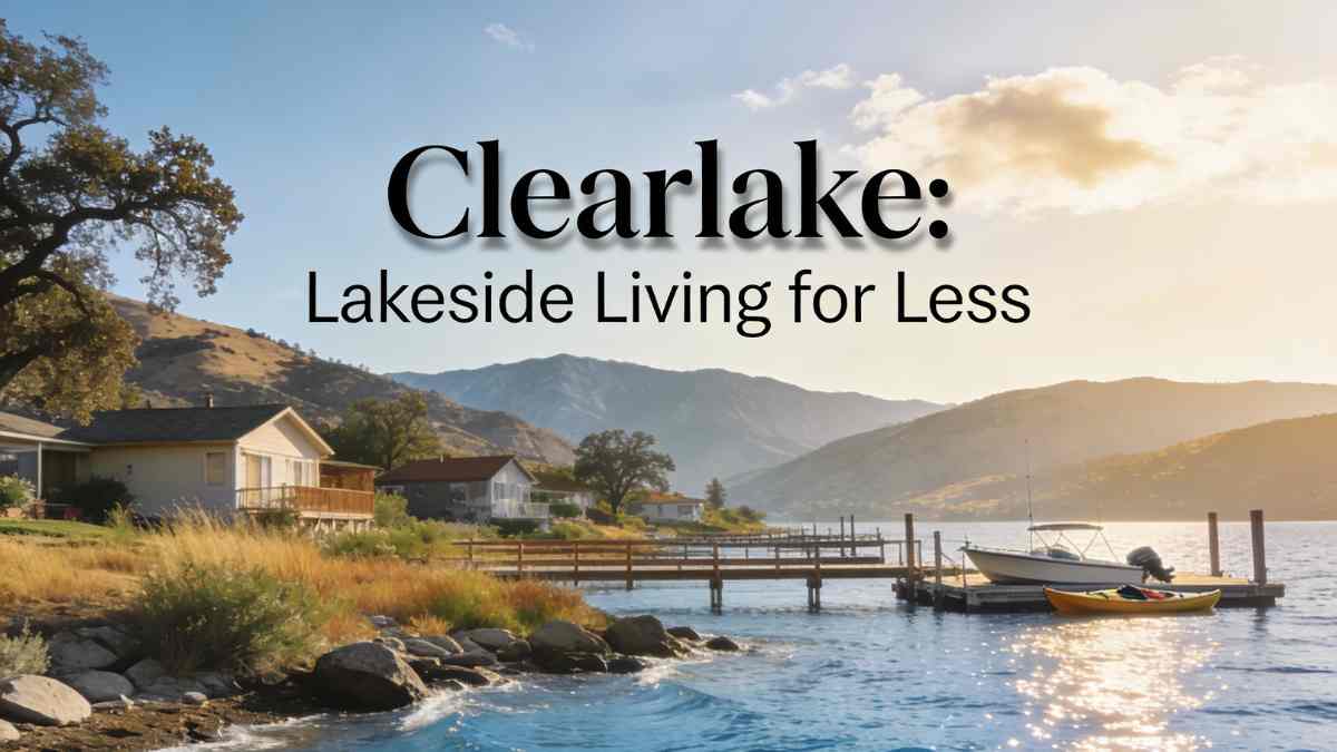 Clear Lake waterfront at sunset with boats and scenic mountain backdrop