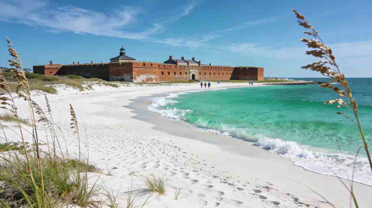 Fort Morgan quiet beaches with historic fort visible in background