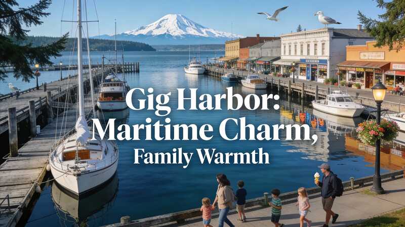 Gig Harbor marina with sailboats and families enjoying waterfront activities