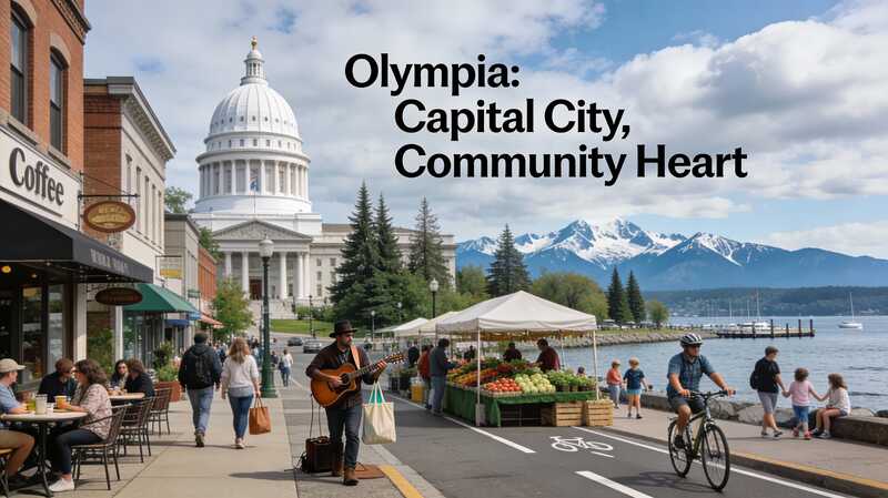 Olympia families enjoying waterfront farmers market with Washington State Capitol in background