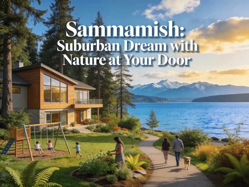 Families hiking on trails in Sammamish with Lake Sammamish in background