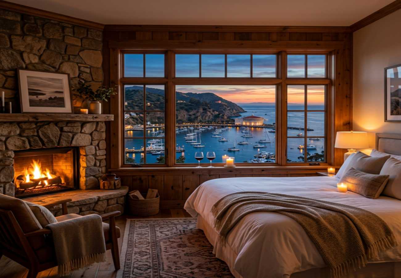 Snug Harbor Inn, Catalina Island — romantic fireplace harbor-view boutique inn room