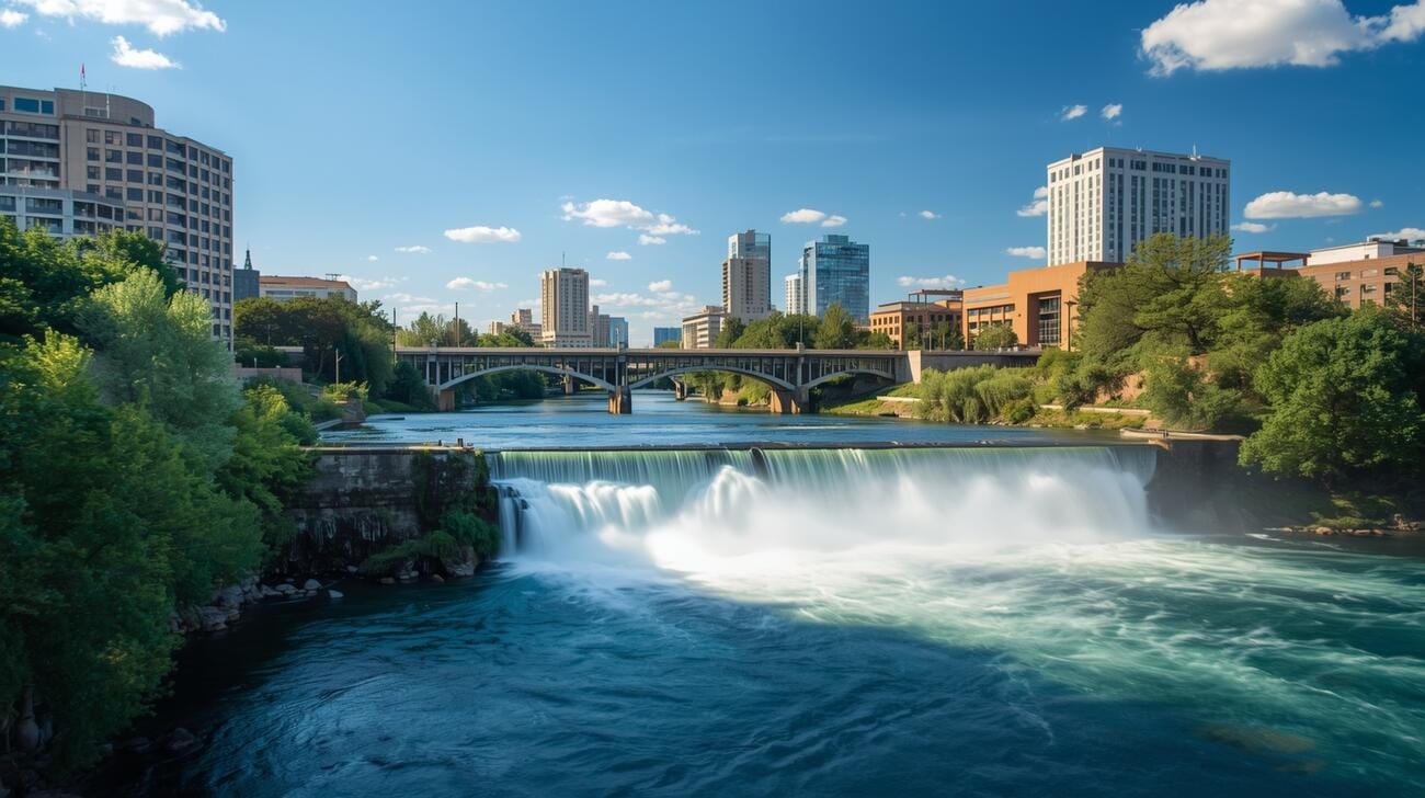 Spokane River waterfalls flowing through downtown Spokane Washington