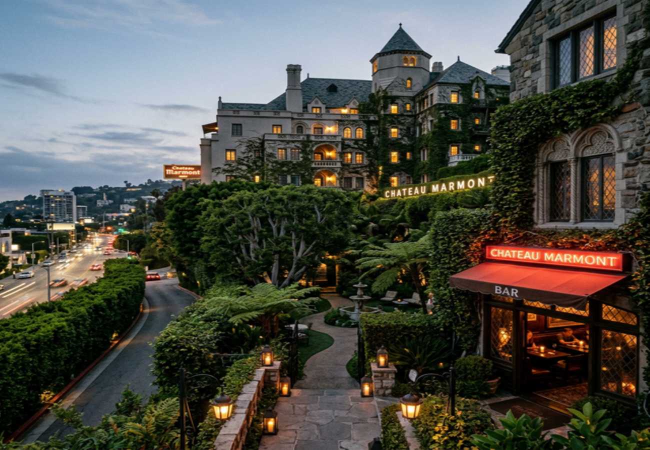 Chateau Marmont Sunset Strip — Gothic castle boutique hotel with legendary bungalow courtyard