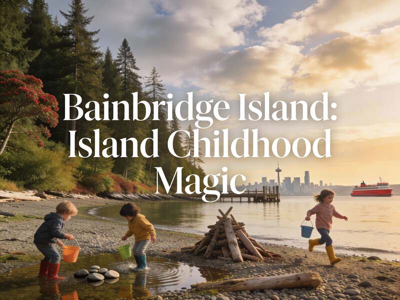 Bainbridge Island waterfront town with families walking along the marina