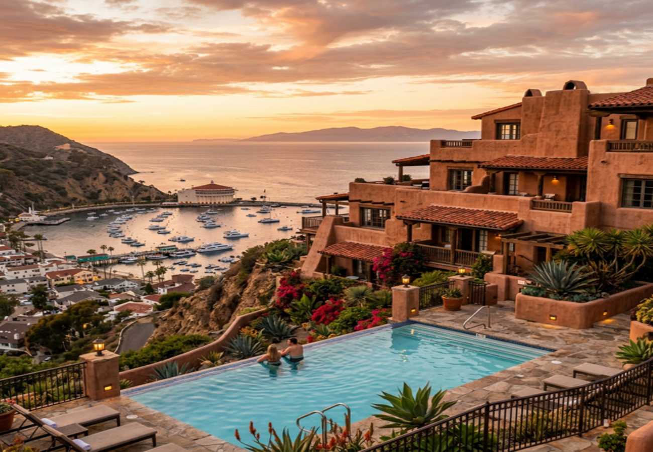 Zane Grey Pueblo Hotel, Catalina Island — hillside pueblo pool with Avalon panoramic views