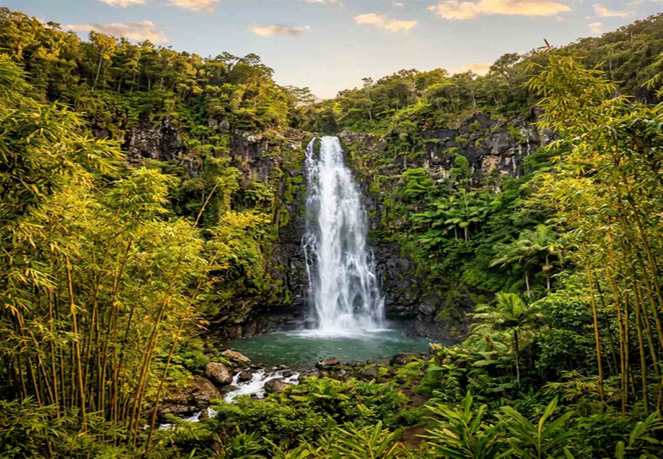 Waimoku Falls Maui — 400-foot waterfall at the end of the Pipiwai Trail through bamboo forest