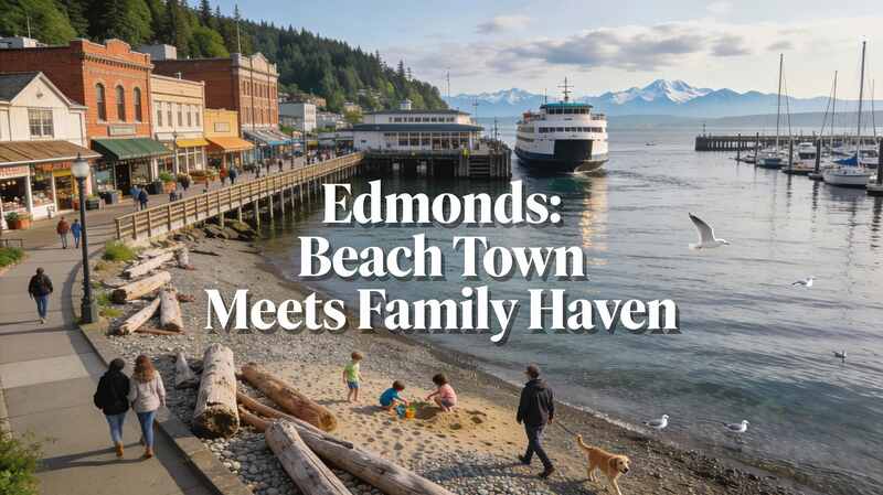 Edmonds Beach families enjoying sunset with Olympic Mountains in background