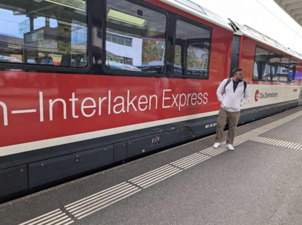Panoramic view from Glacier Express with mountain peaks