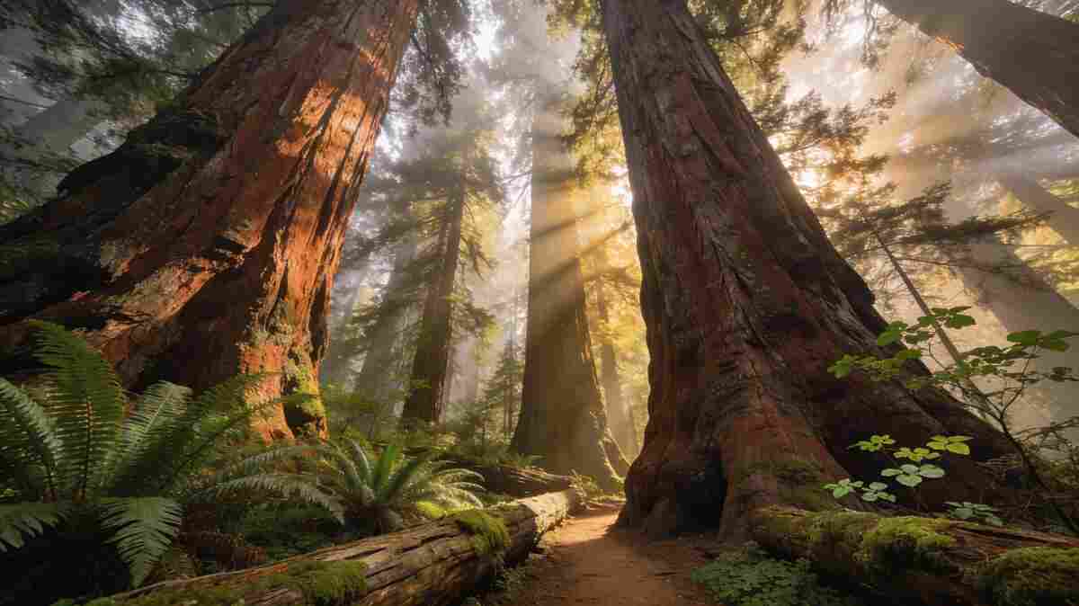 Towering old-growth redwoods creating natural cathedral