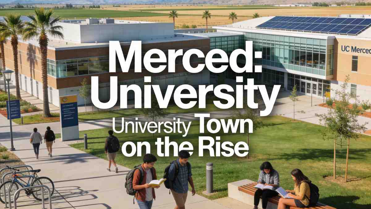 UC Merced campus with modern buildings and mountain views in background