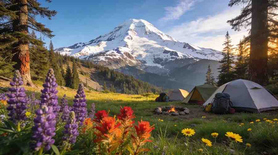 Mount Shasta with alpine meadow camping area