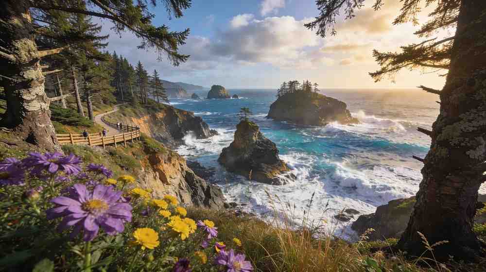 Dramatic Pacific coastline with forested camping areas