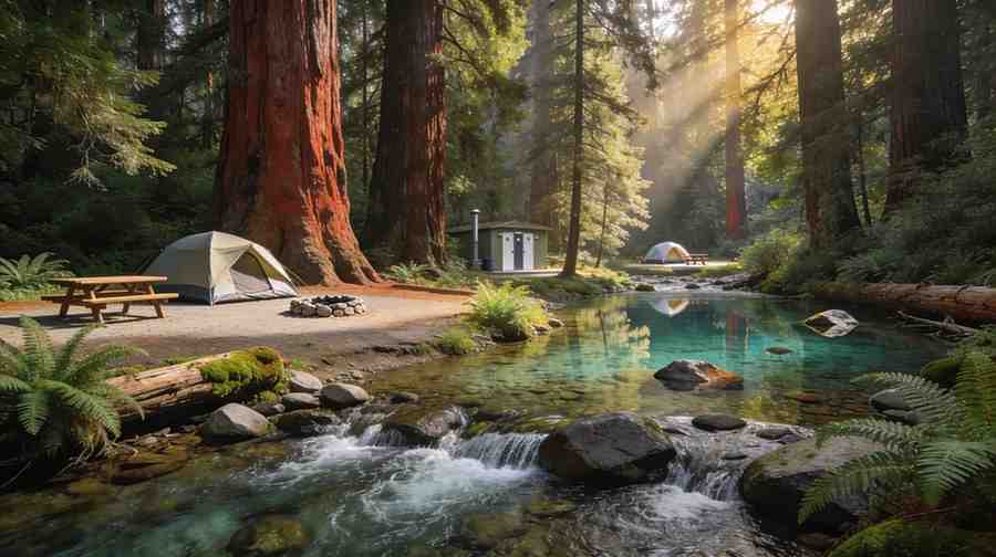 Big Sur redwoods along creek with camping facilities