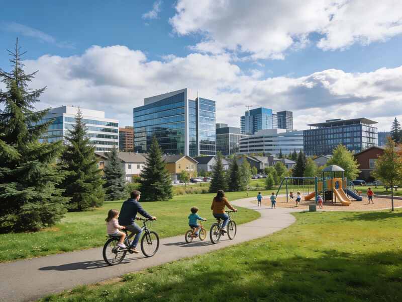 Redmond family park with modern playground and tech campus visible in distance